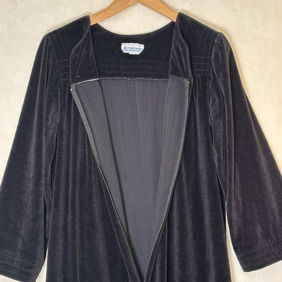 Vtg Black Velour Lounge Maxi Dress 70s Witchy Dark Romantic Made USA L Lagenlook - Picture 4 of 10